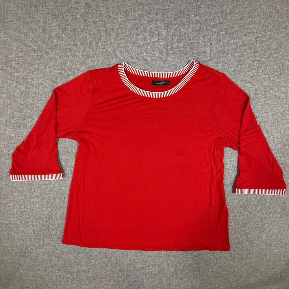 Merokeety 3/4 Bell Sleeve Top Womens XL Red White Nautical Striped Trim Casual